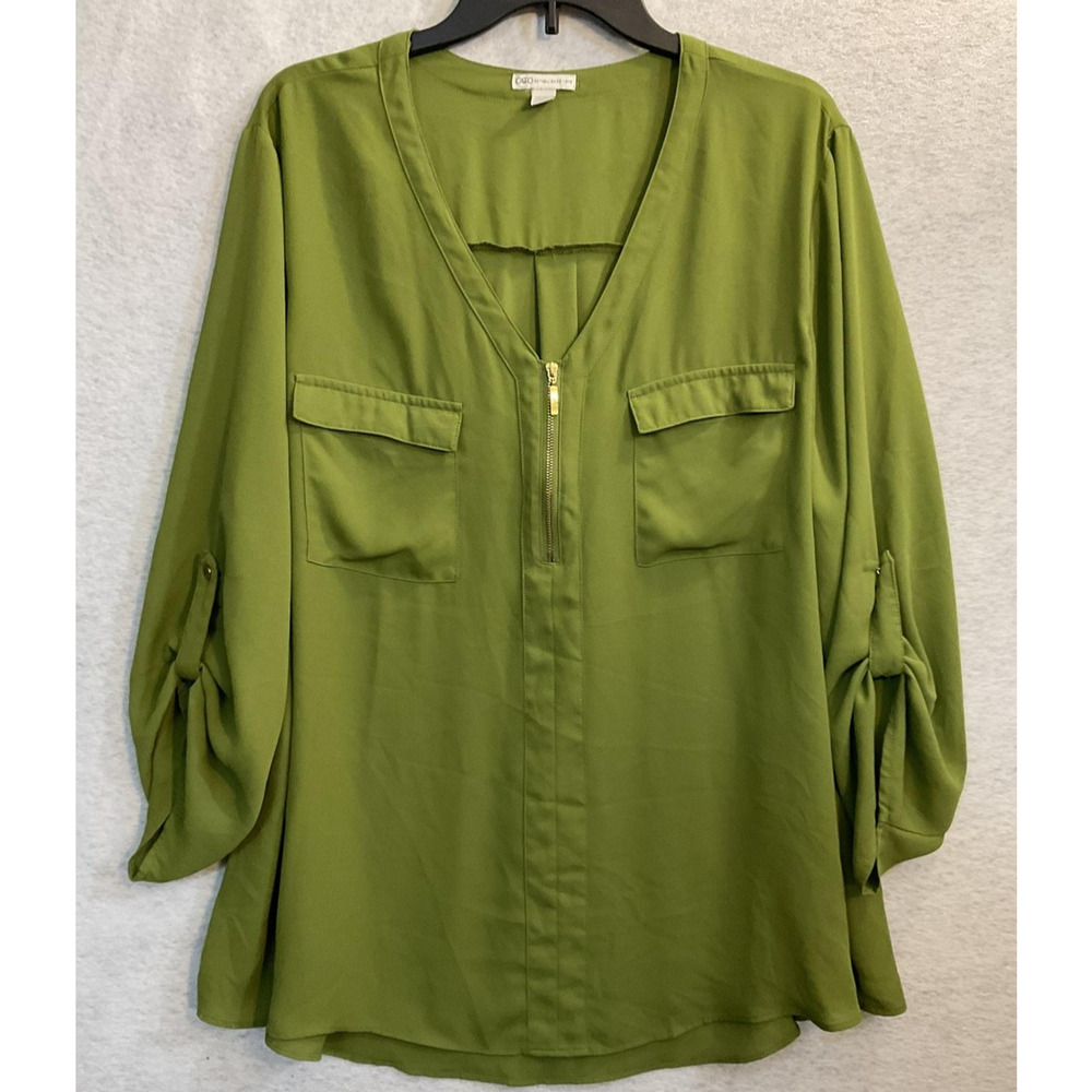 Cato Blouse Womens 22/24W Green Zip Front Roll Tab Sleeve Tunic Top Plus Size